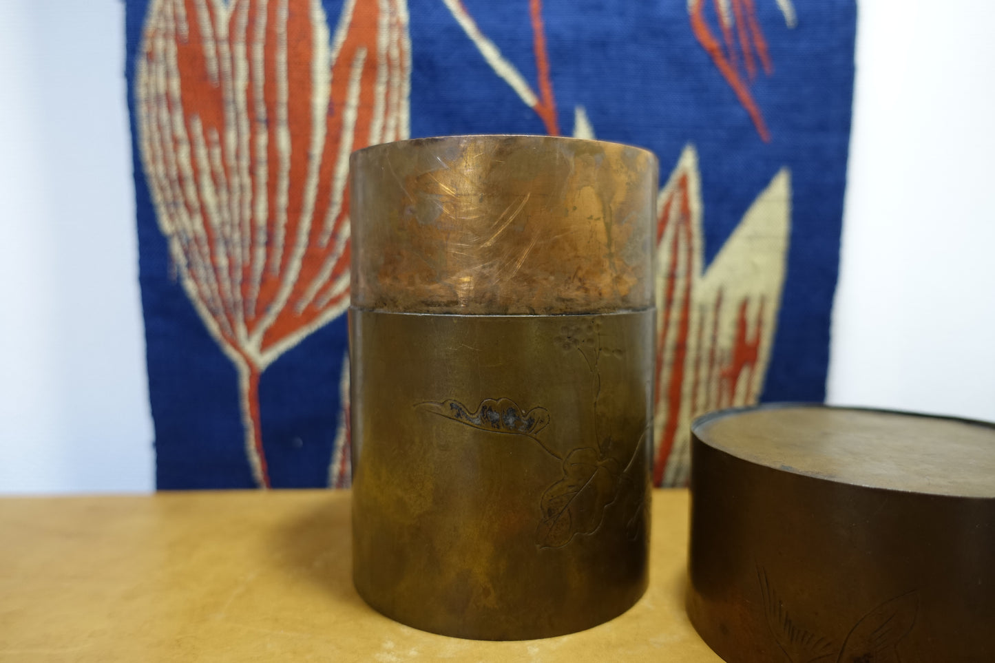1021 Copper Tea Caddy "Grape vine and a bird"