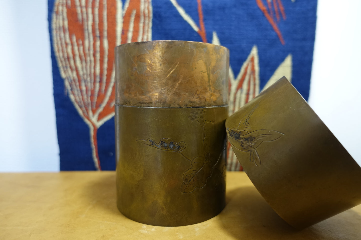 1021 Copper Tea Caddy "Grape vine and a bird"
